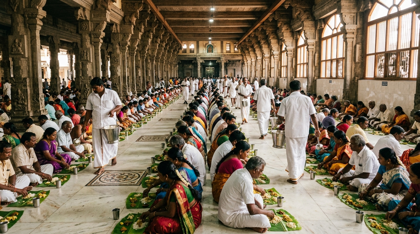 Free Annadanam meal hall showing food in Tirumala served to pilgrims
