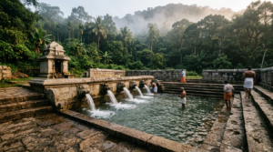 Papavinasanam Tirumala Timings Route: pilgrims bathing at the dam-fed lion-mouth spouts in the forested Tirumala Hills