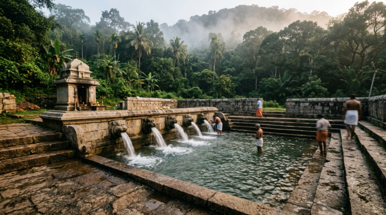 Papavinasanam Tirumala Timings Route: pilgrims bathing at the dam-fed lion-mouth spouts in the forested Tirumala Hills