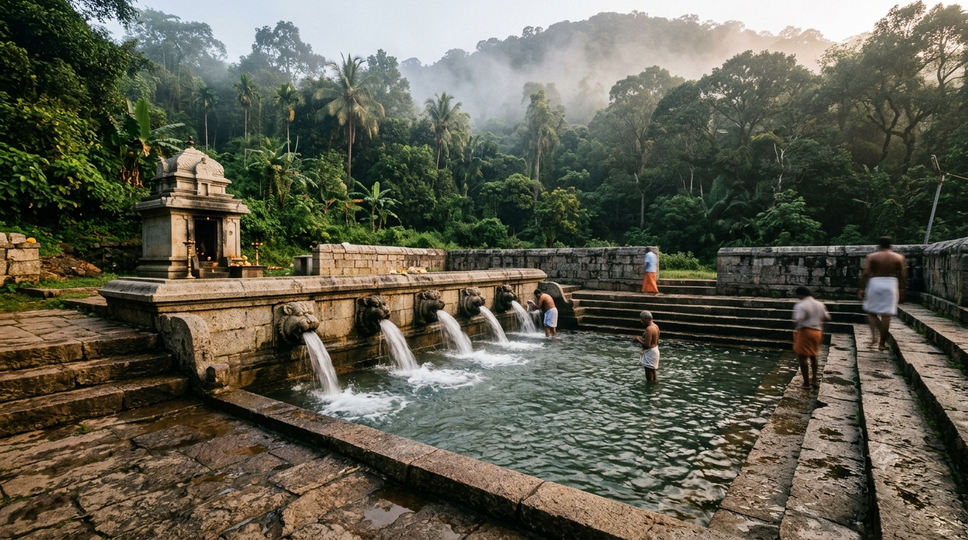 Papavinasanam Tirumala Timings Route: pilgrims bathing at the dam-fed lion-mouth spouts in the forested Tirumala Hills