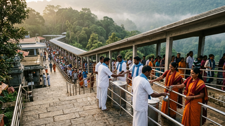 Srivari Seva registration volunteers in uniform serving pilgrims at Tirumala temple queue