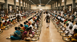Pilgrims eating free meals funded by a TTD Annadanam Trust Donation at Tirumala