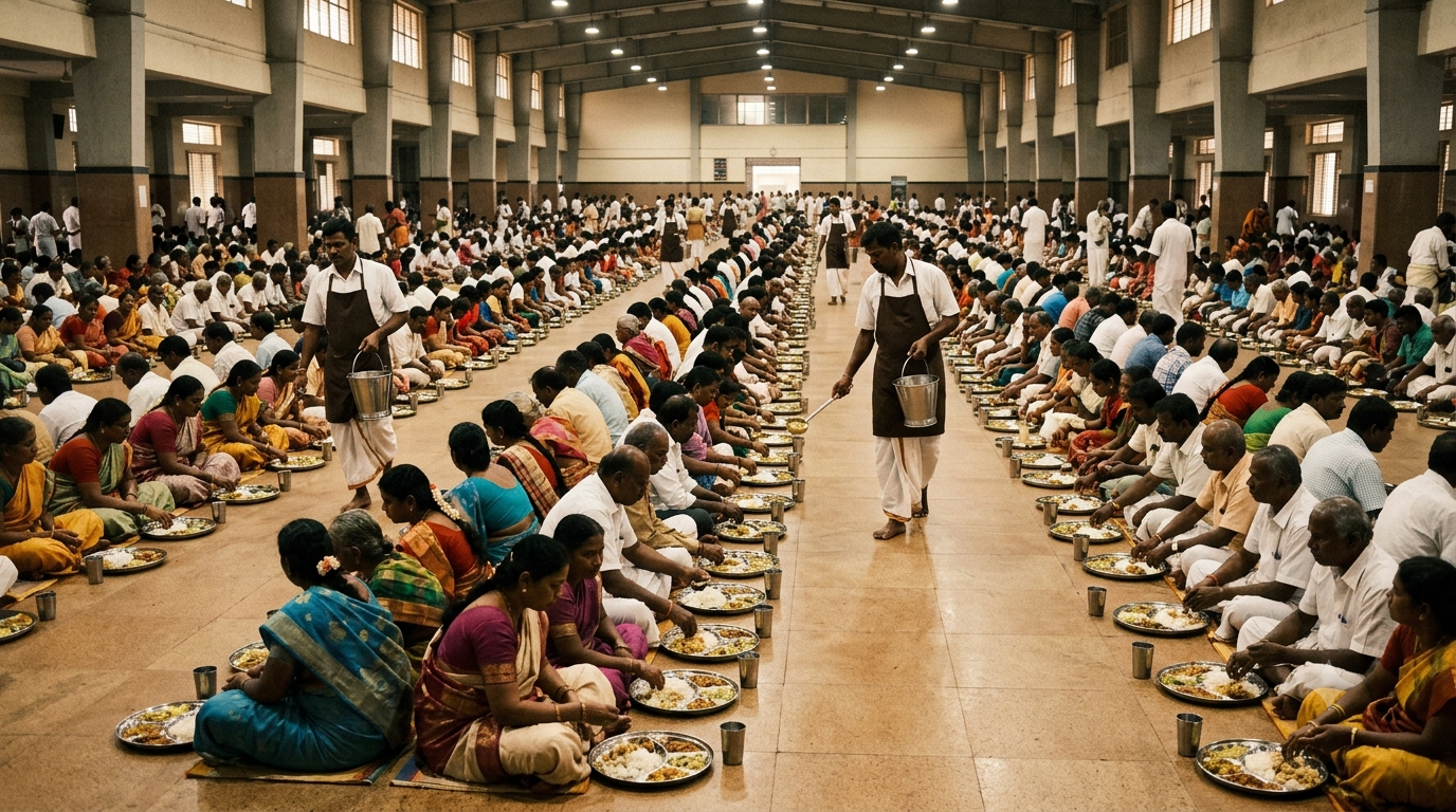Pilgrims eating free meals funded by a TTD Annadanam Trust Donation at Tirumala