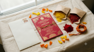 TTD wedding prasadam packet with akshintalu, kumkumam and kankanam beside a wedding invitation