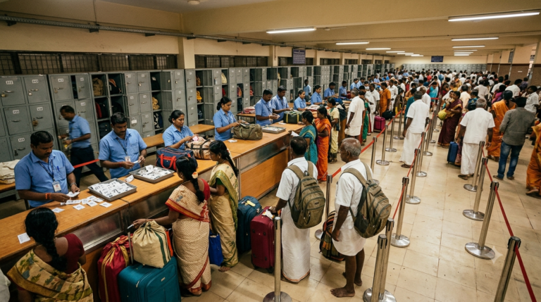 Tirumala luggage counters: pilgrims depositing bags and mobiles at a PAC deposit hall