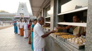Tirumala TTD laddu order counter with pilgrims collecting sealed laddu prasadam packs