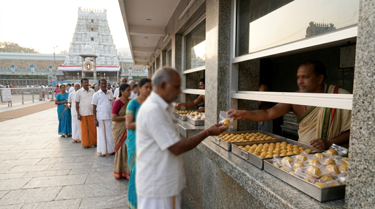 Tirumala TTD laddu order counter with pilgrims collecting sealed laddu prasadam packs