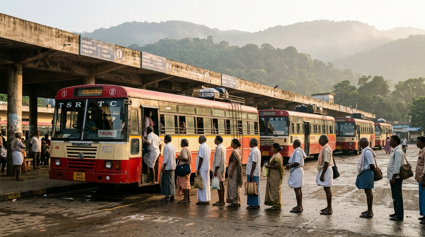 APSRTC Tirumala darshan timings guide - pilgrims boarding an APSRTC bus at Tirupati for the Tirumala ghat road