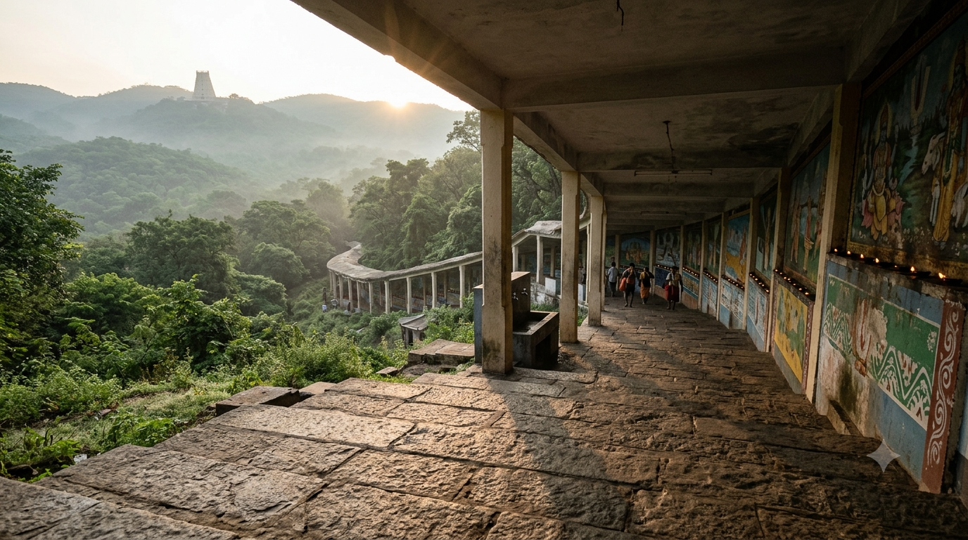 Alipiri Footpath Opening Timings — pilgrims climbing the covered Tirumala step-path at dawn