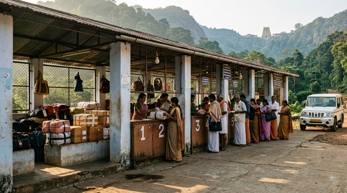Alipiri free luggage counter at the Tirumala footpath entrance where pilgrims deposit bags before the climb