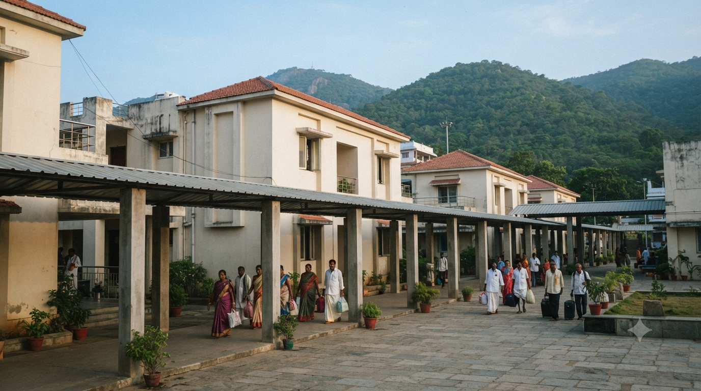 Ampro Guest House Tirumala guide with pilgrims at a TTD accommodation allotment counter