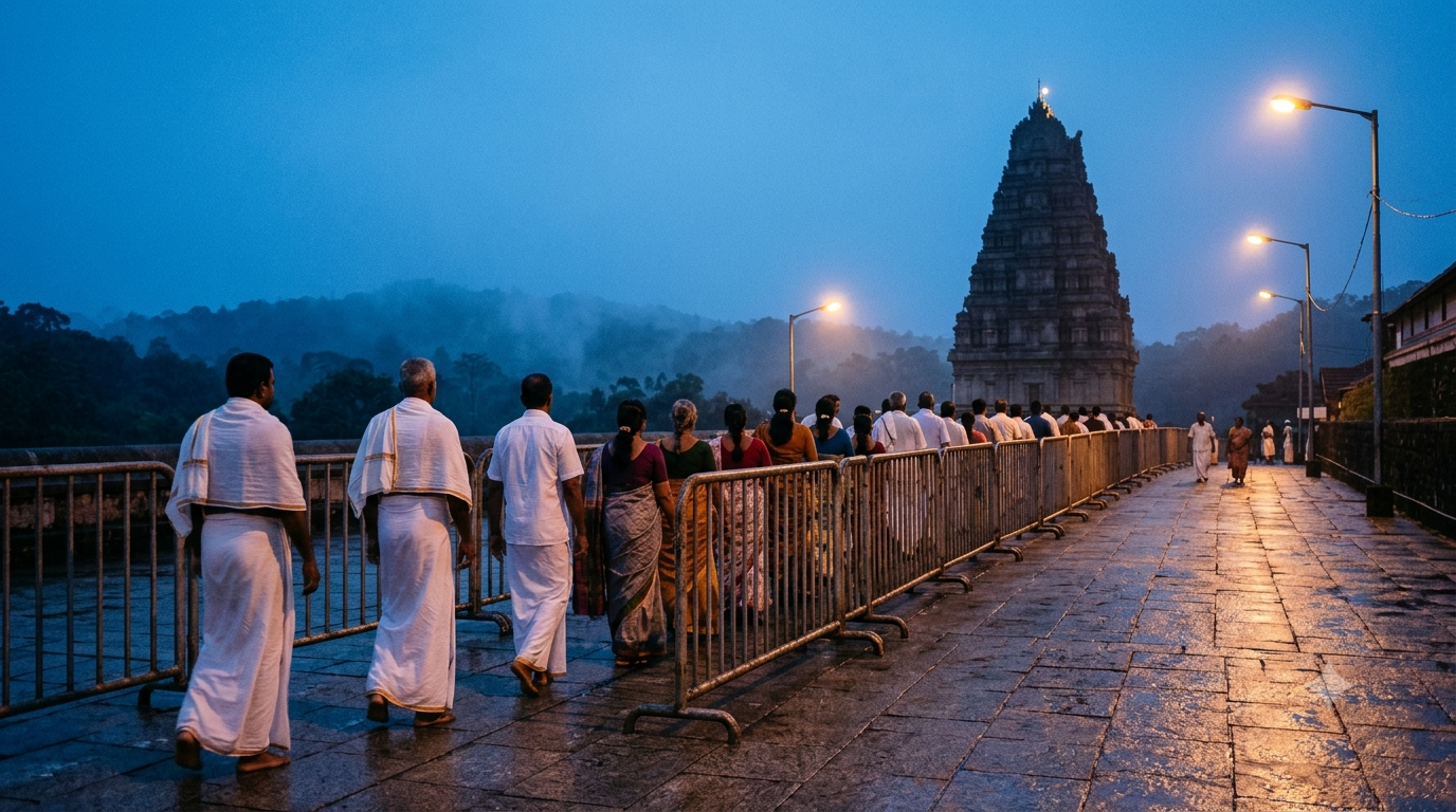 Ashtadala Pada Padmaradhana Seva devotees queueing before dawn at Tirumala temple complex