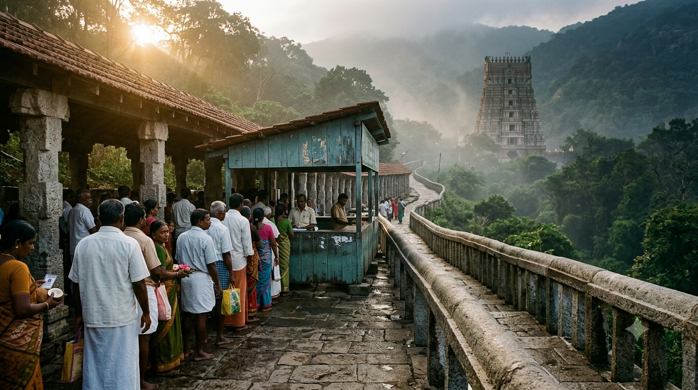 Divya Darshan token timings — pilgrims climbing the Tirumala footpath to the token counter