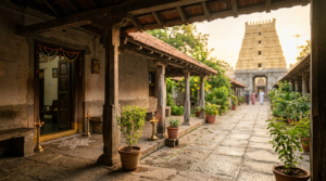 ISKCON Tirupati Guest House courtyard at morning light near the Hare Krishna temple