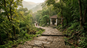 Japali Hanuman Temple Tirumala forest path with stone steps at sunrise