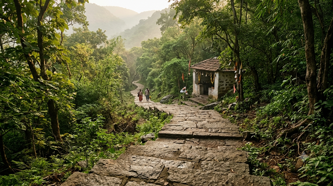 Japali Hanuman Temple Tirumala forest path with stone steps at sunrise