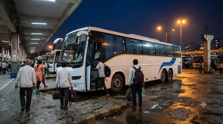 KSTDC Tirupati Package Bangalore AC coach boarding at a Bengaluru bus stand at night