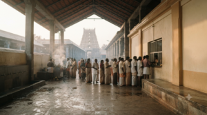 Kalyana Katta head tonsure hall at Tirumala with devotees waiting at the token counter