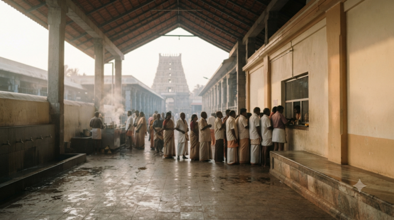 Kalyana Katta head tonsure hall at Tirumala with devotees waiting at the token counter