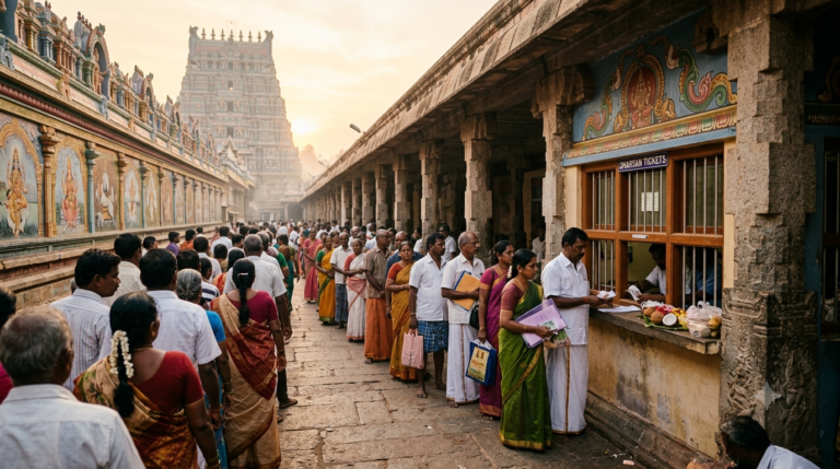 Kalyanam for newly married couples ticket queue at Tirumala CRO counter in early morning light