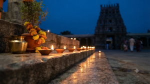 Karthika Masam 2022 dates and tithi timings with oil lamps lit at a Telugu temple after sunset