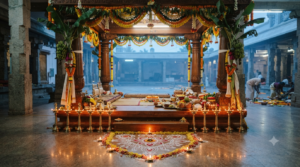 Karthika Masam marriage muhurtham wedding mandapam with oil lamps at dawn