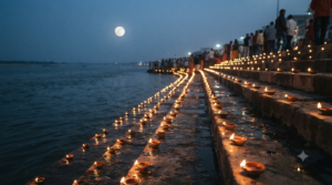 Karthika Pournami date lamps glowing on river ghat steps on the Kartik full moon night