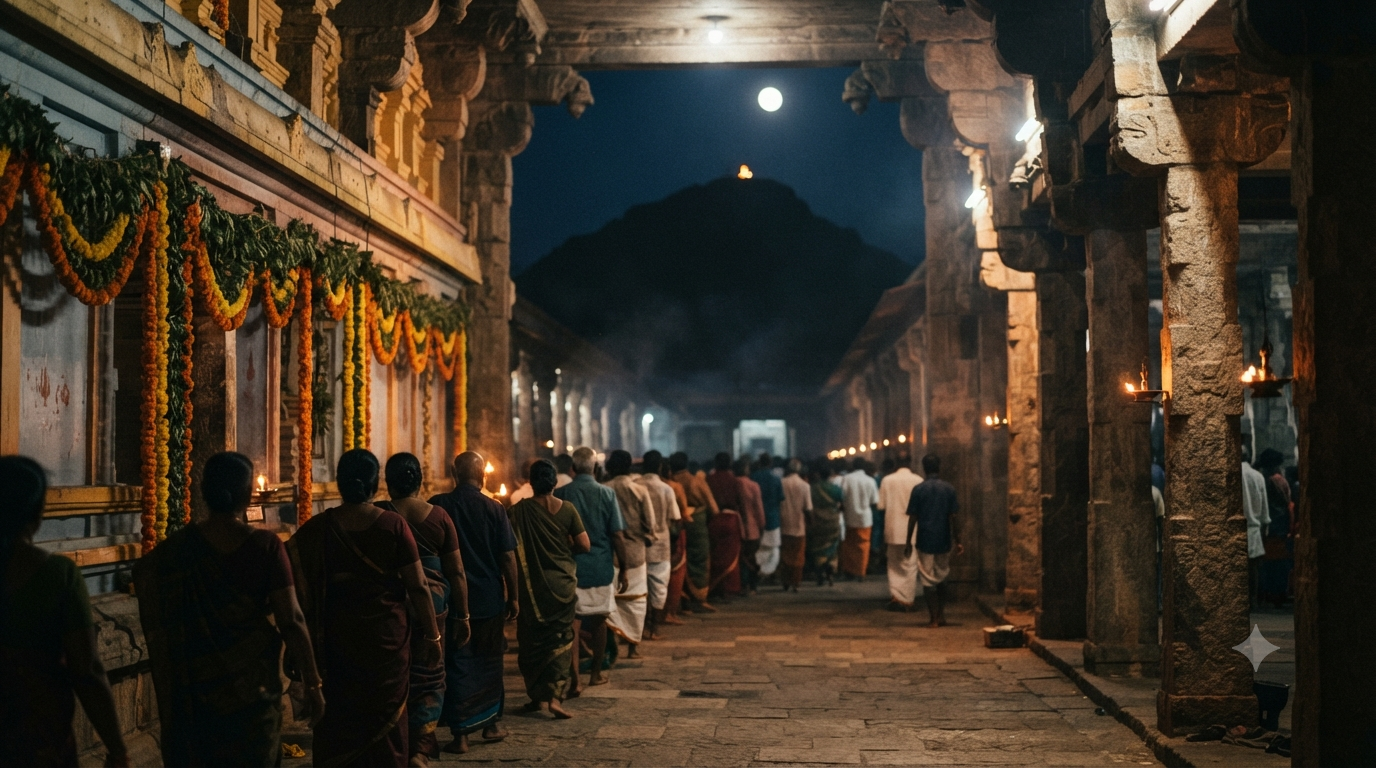 Karthika Pournami Tiruvannamalai darshan queue of pilgrims with Arunachala hill under a full moon