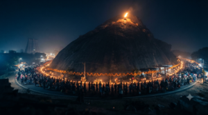 Karthika Pournami Tiruvannamalai pilgrims walking the Girivalam path as the Maha Deepam glows on Arunachala hill