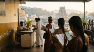 Nandakam Tirumala TTD rooms allotment counter queue with pilgrims holding booking confirmations