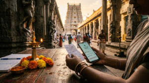 SRIVANI Trust tax exemption guide — donation receipt and payment screen at a Tirumala temple counter