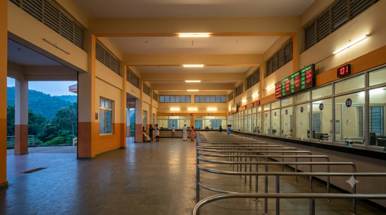 Spot Current Booking Accommodation registration counters at the Tirumala CRO at dawn