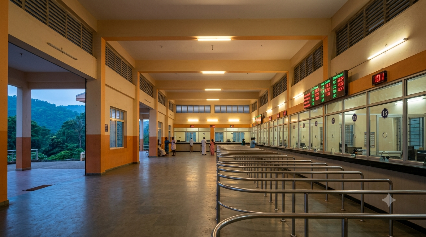 Spot Current Booking Accommodation registration counters at the Tirumala CRO at dawn