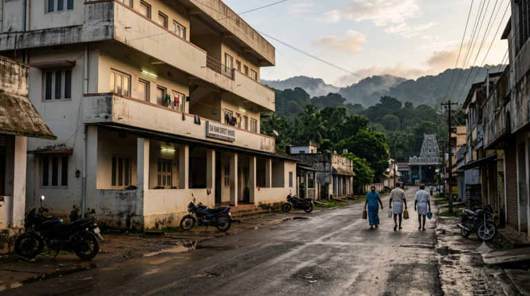 Sringeri Mutt Tirumala accommodation area on SV Museum Road, pilgrims walking at dawn