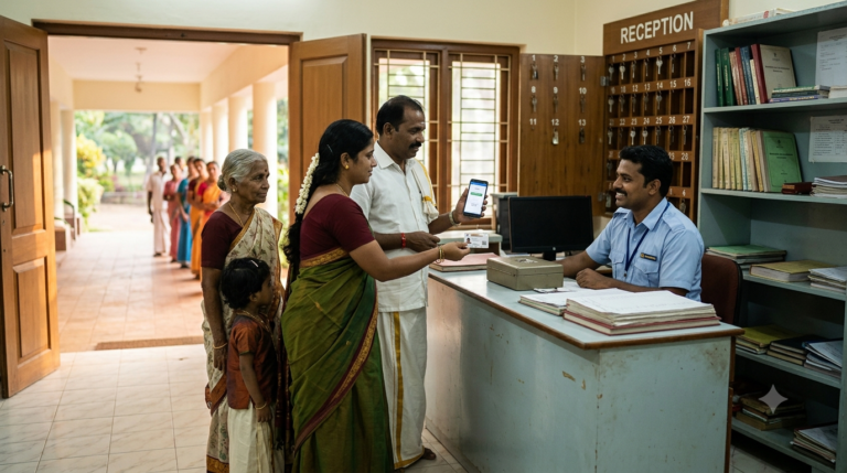 Srinivasam accommodation online booking – pilgrim checking into a TTD room in Tirupati