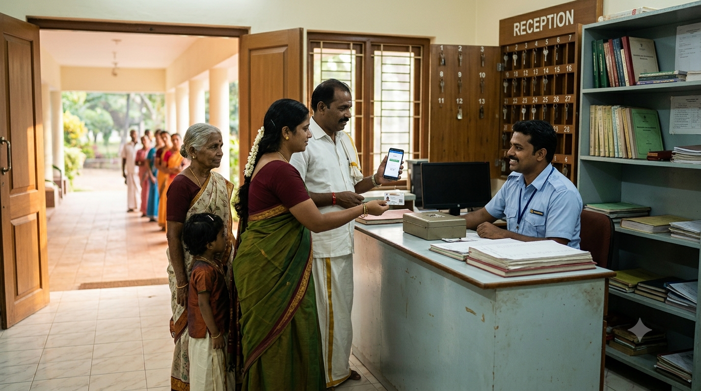 Srinivasam accommodation online booking – pilgrim checking into a TTD room in Tirupati