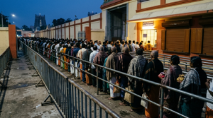 TTD free darshan ticket queue at an SSD token counter in Tirupati before dawn