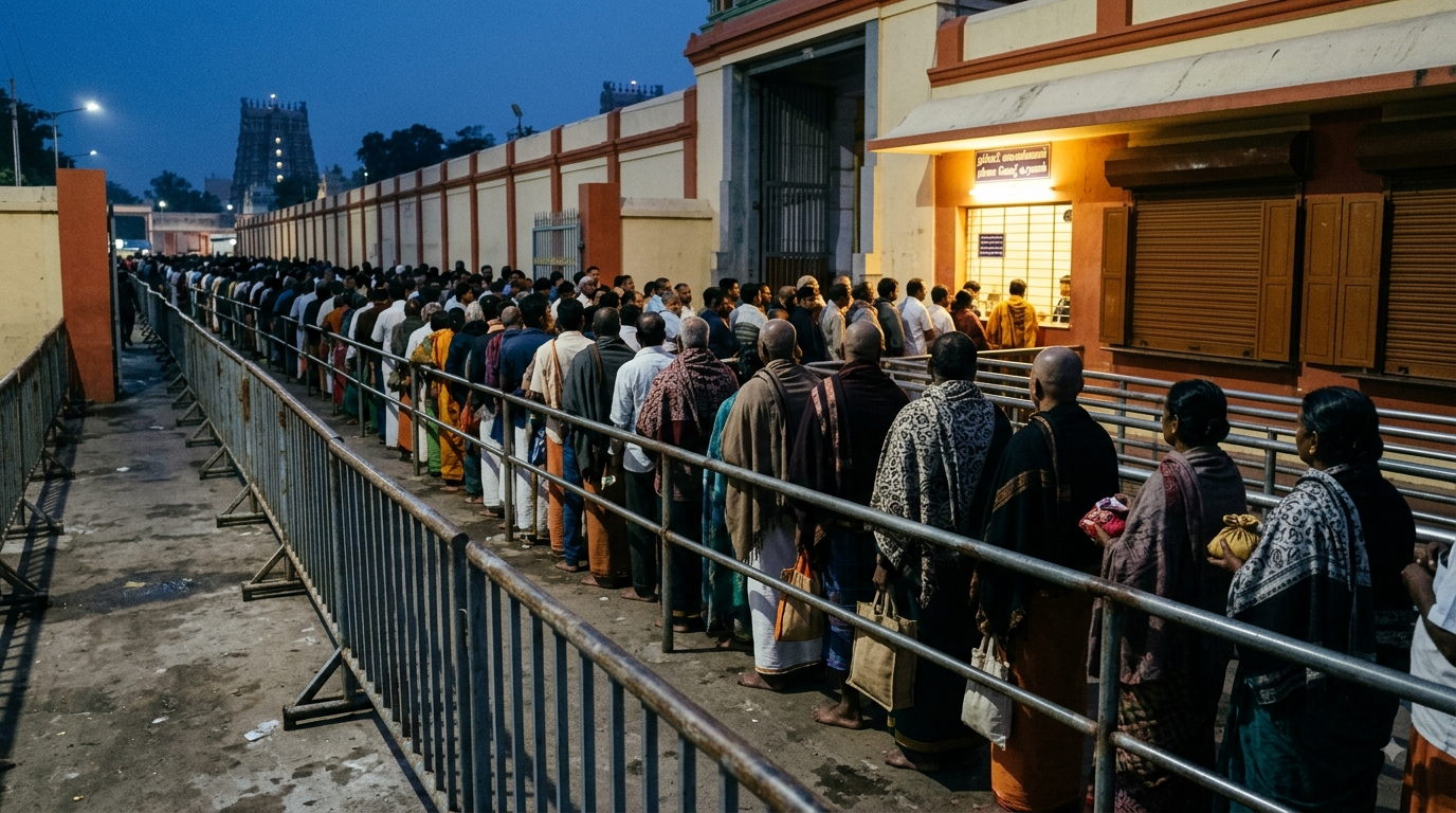 TTD free darshan ticket queue at an SSD token counter in Tirupati before dawn