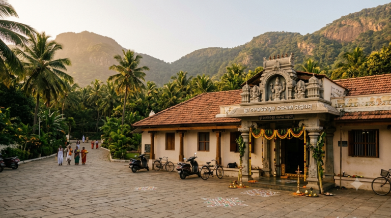 TTD Kalyana Mandapam wedding hall exterior with courtyard near Tirumala Tirupati hills