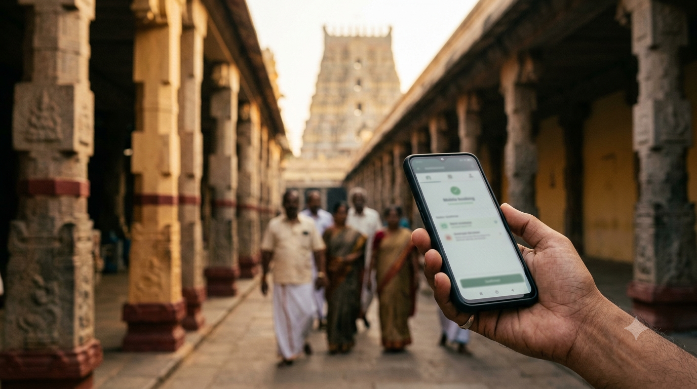 Devotee checking TTD lucky dip results on a phone outside a South Indian temple queue complex