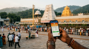 TTD online booking darshan ₹300 Special Entry ticket screen with Tirumala temple behind