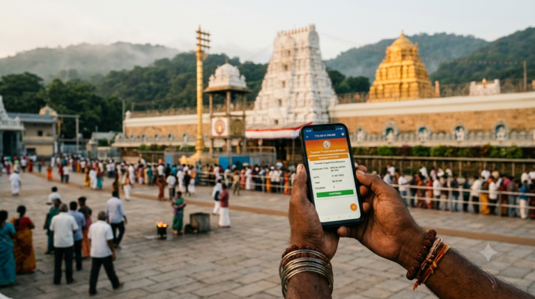 TTD online booking darshan ₹300 Special Entry ticket screen with Tirumala temple behind