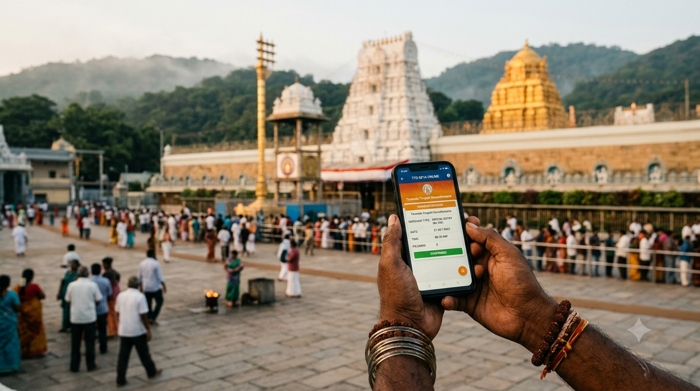 TTD online booking darshan ₹300 Special Entry ticket screen with Tirumala temple behind