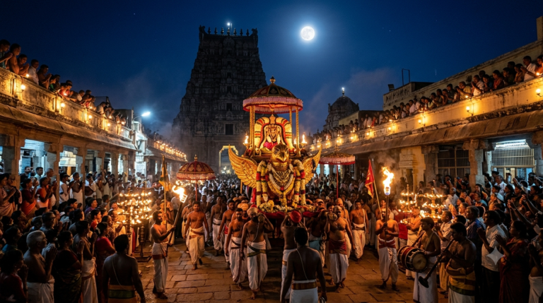 TTD Pournami Garuda Seva procession on the Garuda Vahanam under a full moon