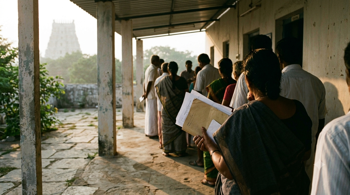 TTD recommendation letter documents held in a morning queue outside a temple administrative office