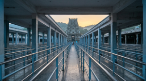 TTD ticket cancellation guide: empty barricaded darshan queue lanes at a South Indian temple at dawn