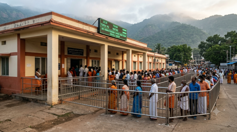 TTD Tirumala rooms accommodation allotment queue outside the Central Reception Office in Tirumala