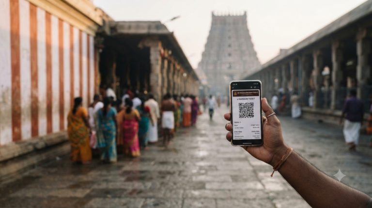 TTD Tirumala Tirupati Darshan ticket on a phone as pilgrims queue at the temple complex
