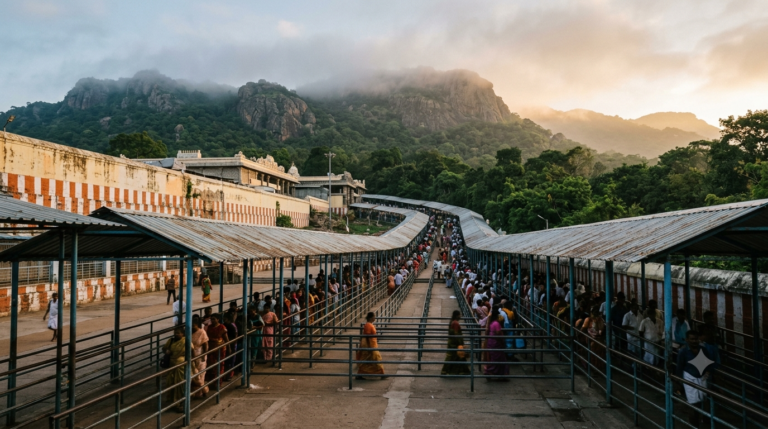 Tirumala 50 Rs darshan ticket guide showing pilgrims at the TTD queue complex entrance