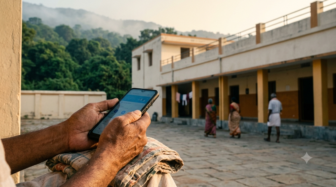 Tirumala accommodation cancellation — pilgrim checking a TTD room booking on a phone outside hill guest houses